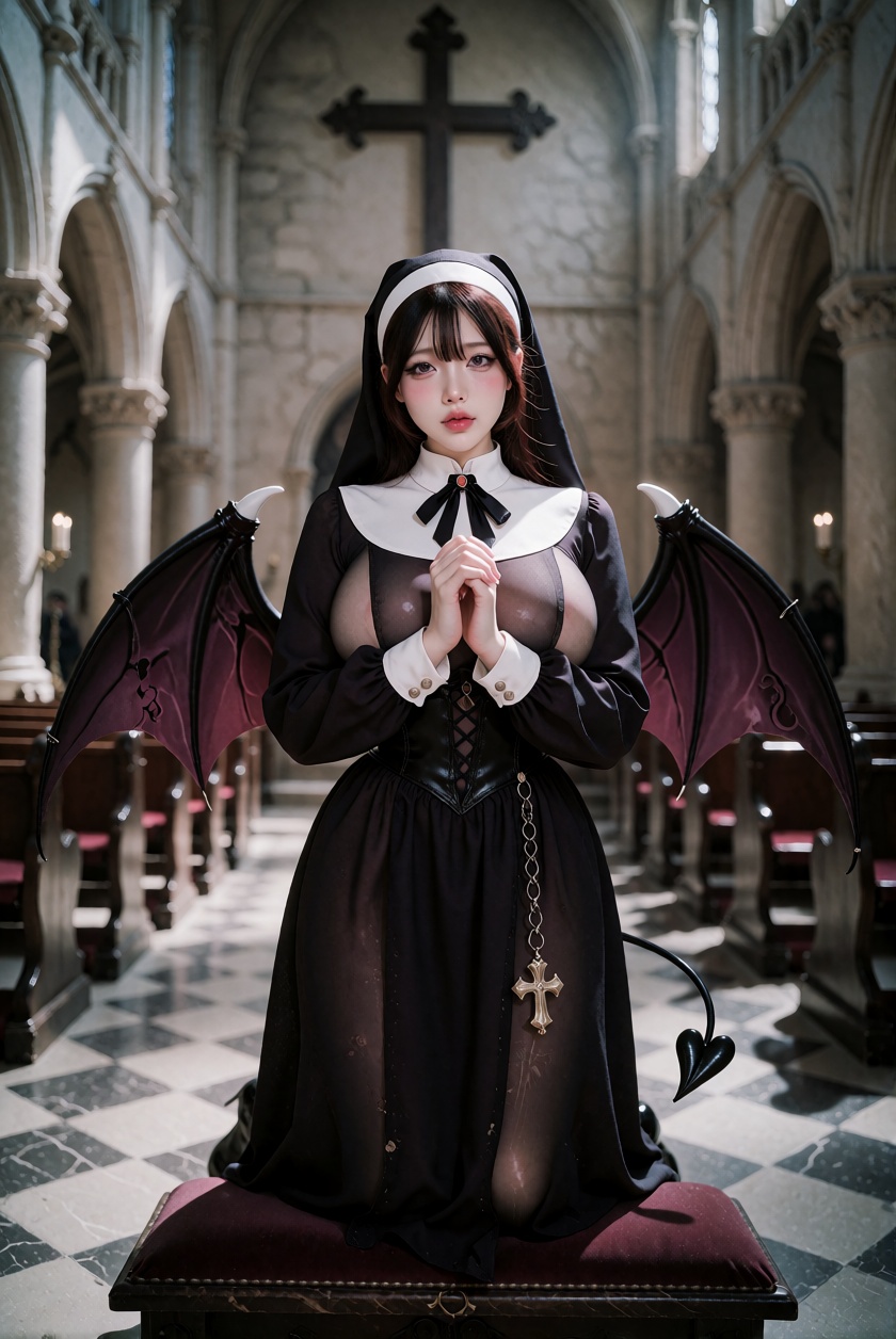 8K UHD striking portrait photograph of a unfaithful nun with purple pink eyes and juicy red lips,  wearing a full-length n...