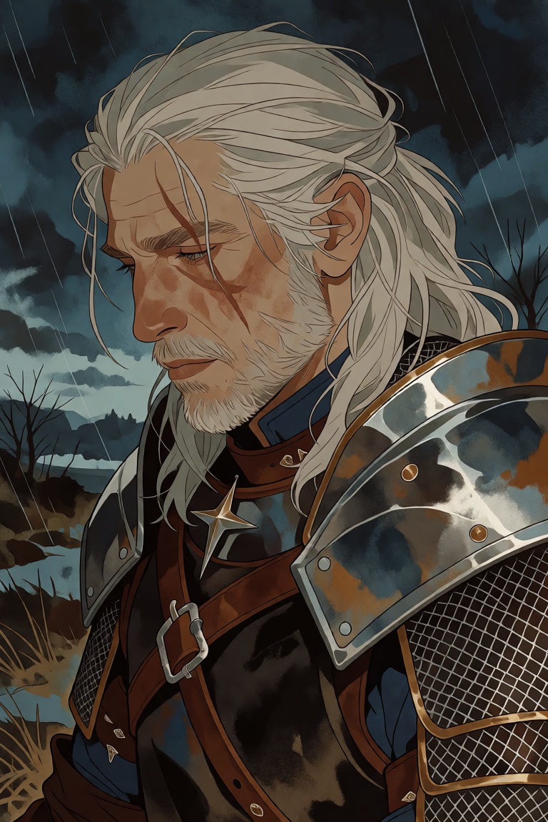 in a semi realistic style (closer to stylised) 1male,  middle aged,  white hair on Tensor.Art