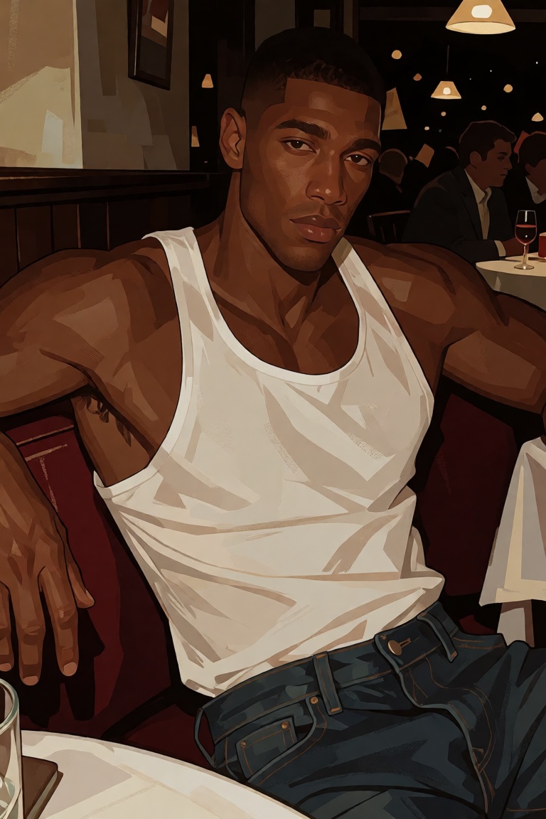 in a semi realistic style (closer to stylised) A blaisan man dressed in casual clothes lounging at a restaurant on Tensor.Art