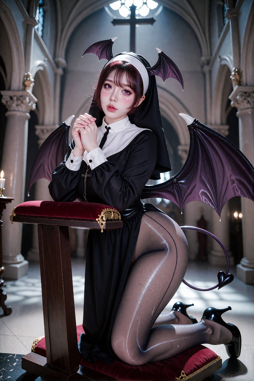 8K UHD striking portrait photograph of a unfaithful nun with purple pink eyes and juicy red lips,  wearing a nun gown,  sm...