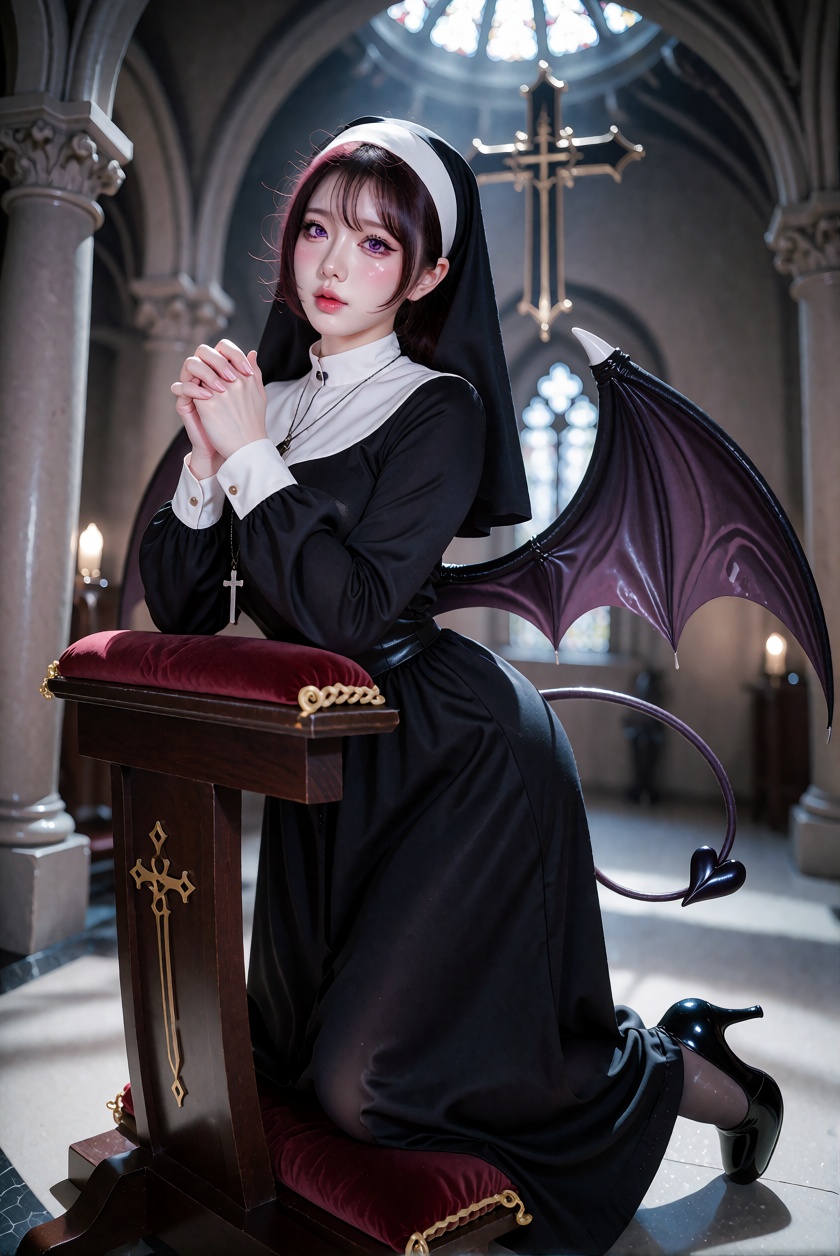 8K UHD striking portrait photograph of a unfaithful nun with purple pink eyes and juicy red lips,  wearing a full-length n...