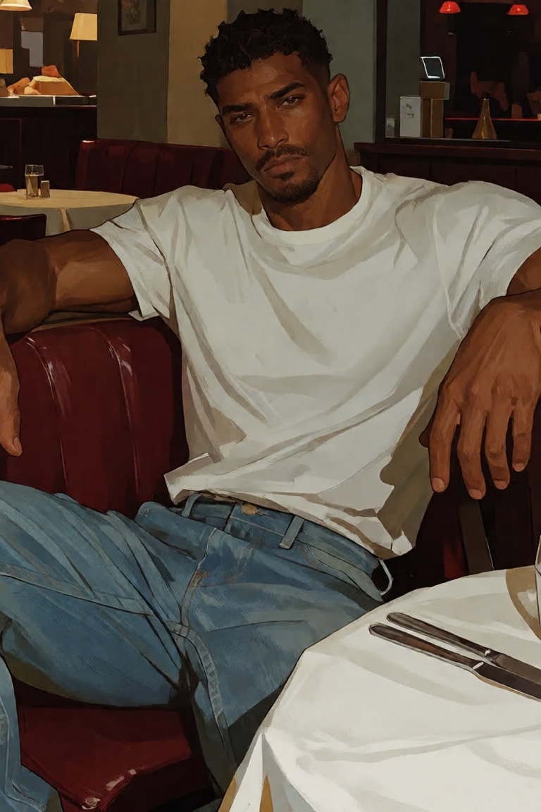 in a semi realistic style (closer to stylised) A blaisan man dressed in casual clothes lounging at a restaurant on Tensor.Art
