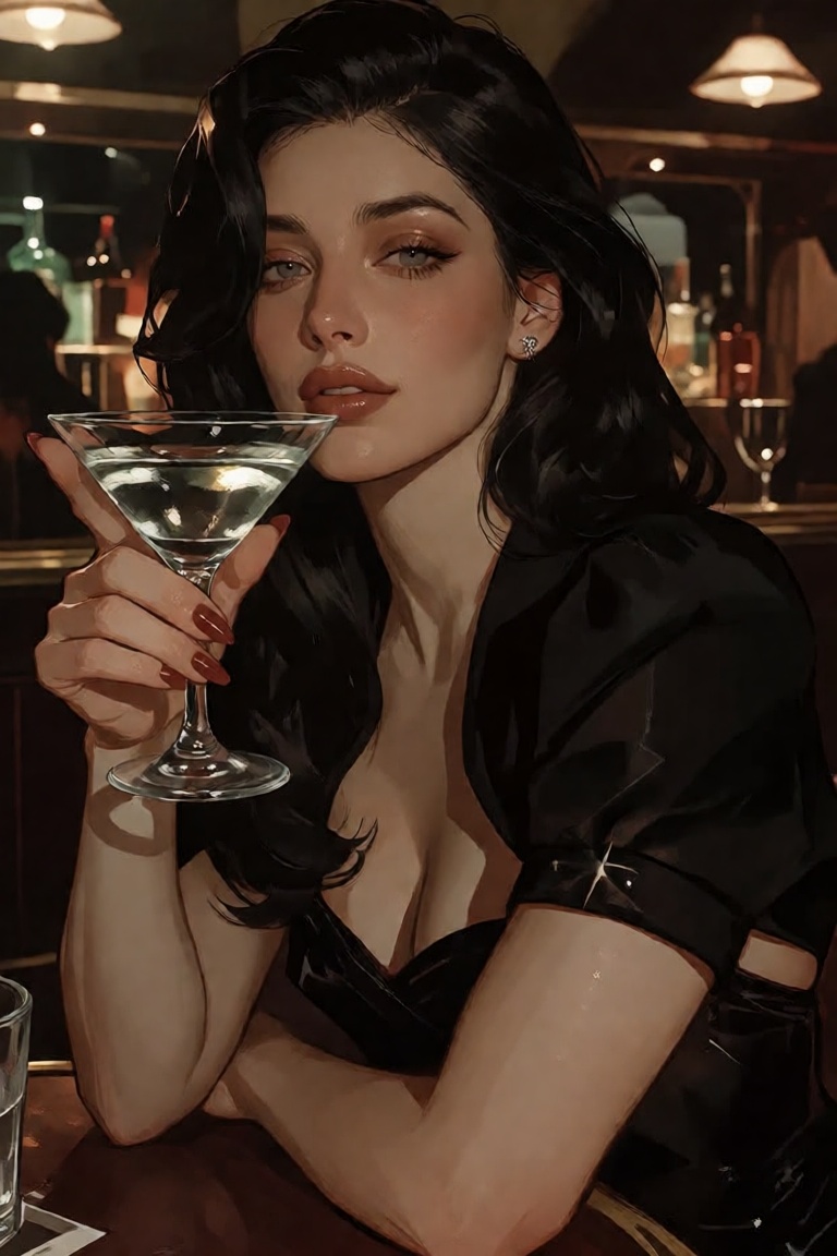 A European woman in a semi realistic style (closer to stylised) is in a glamour appearance,  her hair is dark and she's le...