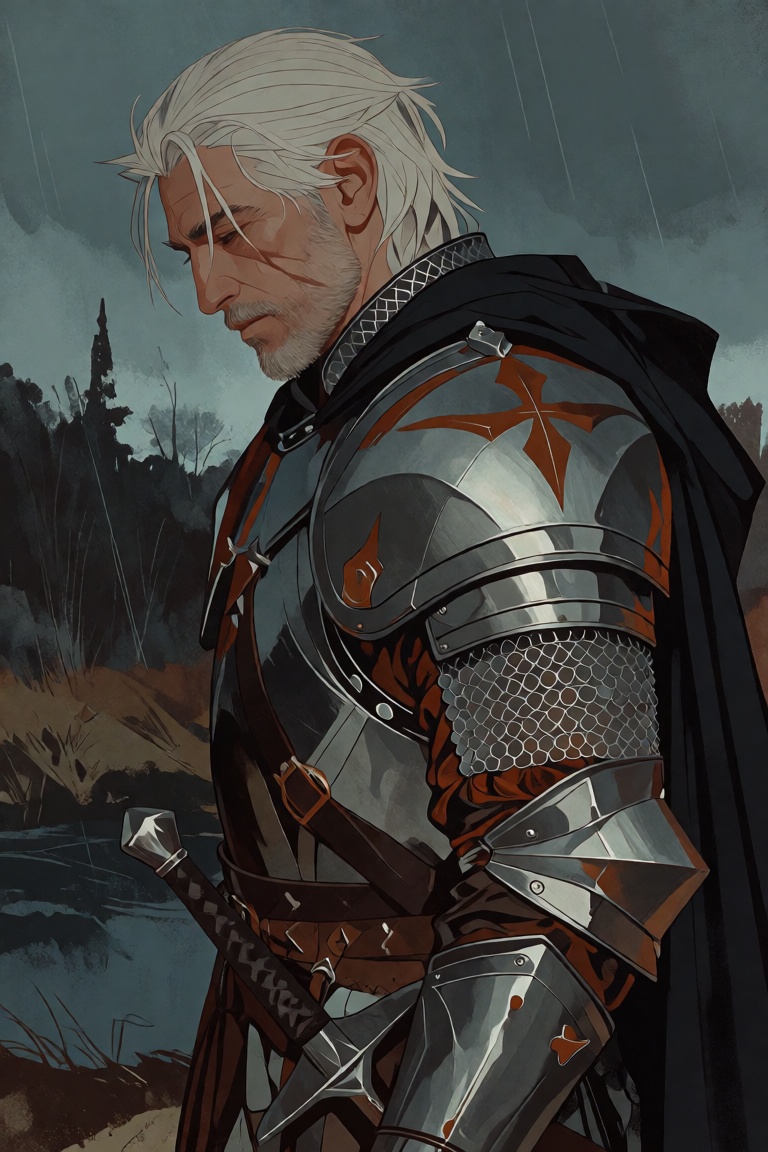 in a semi realistic style (closer to stylised) 1male,  middle aged,  white hair on Tensor.Art