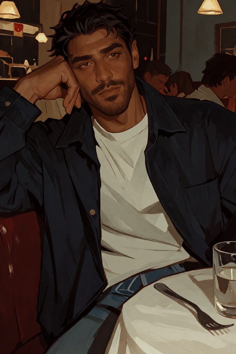 in a semi realistic style (closer to stylised) A blaisan man dressed in casual clothes lounging at a restaurant on Tensor.Art