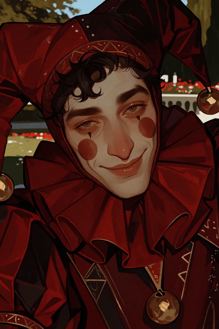 semi realistic style,  soft lines. jester in red attire,  his cheeks have round red blush applied that is blended into his...