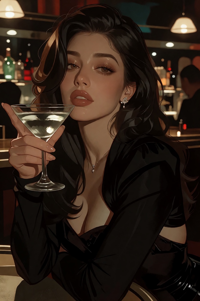 A European woman in a semi realistic style (closer to stylised) is in a glamour appearance,  her hair is dark and she's le...