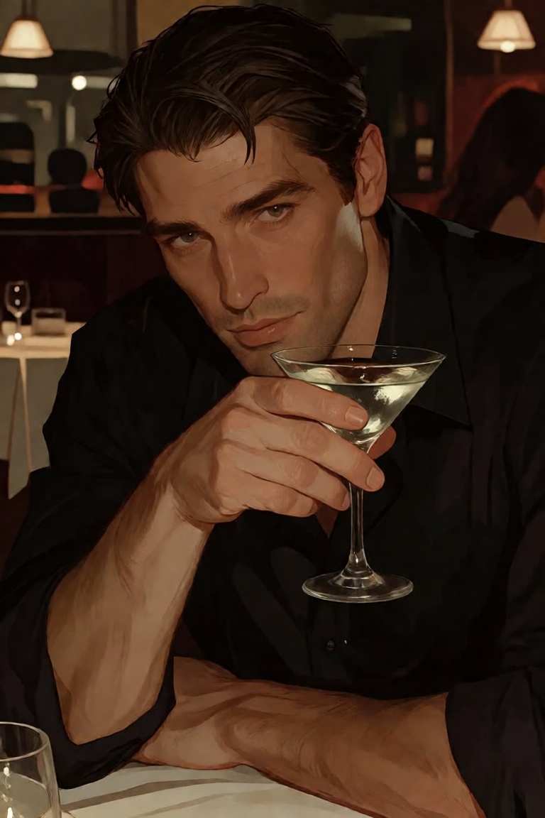 A European man in a semi realistic style (closer to stylised) is in a glamour appearance,  sitting in a restaurant,  his h...