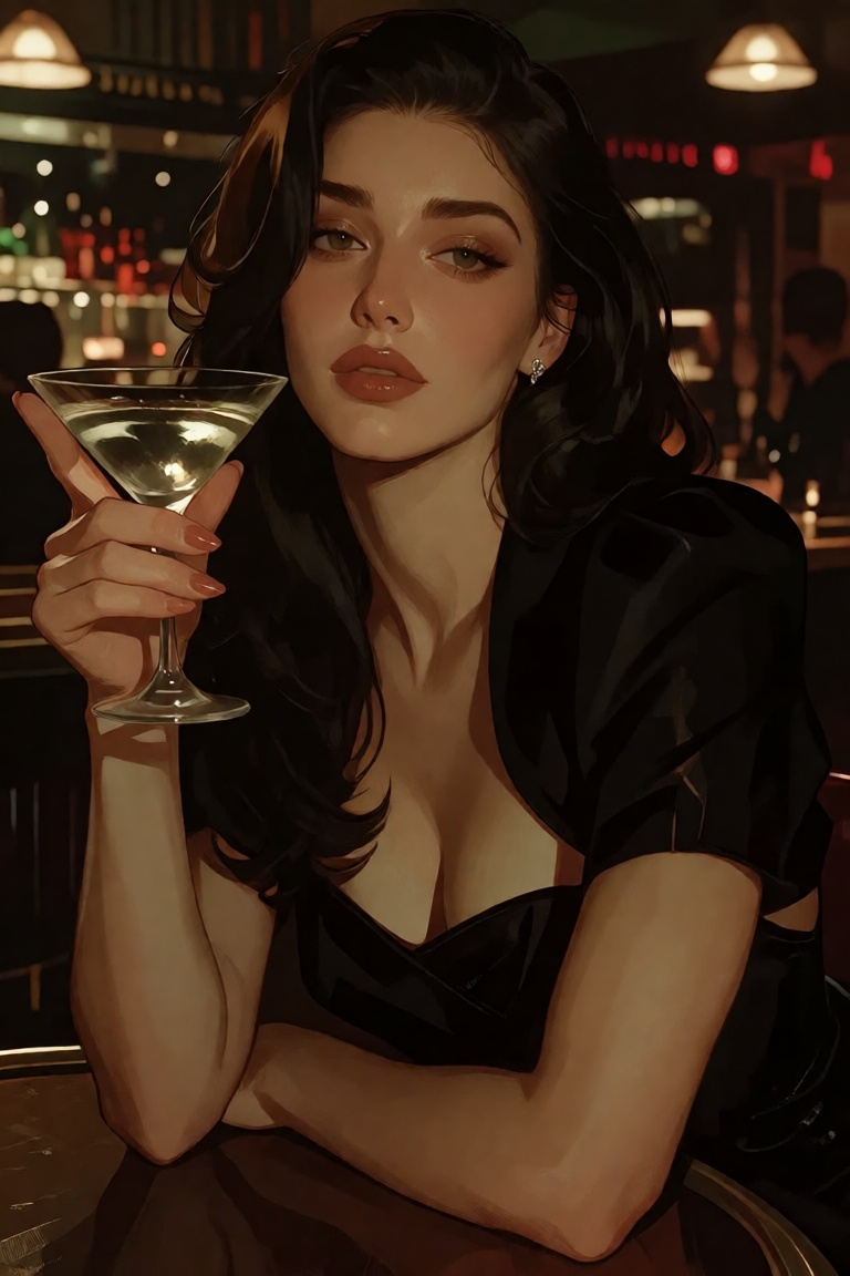 A European woman in a semi realistic style (closer to stylised) is in a glamour appearance,  her hair is dark and she's le...