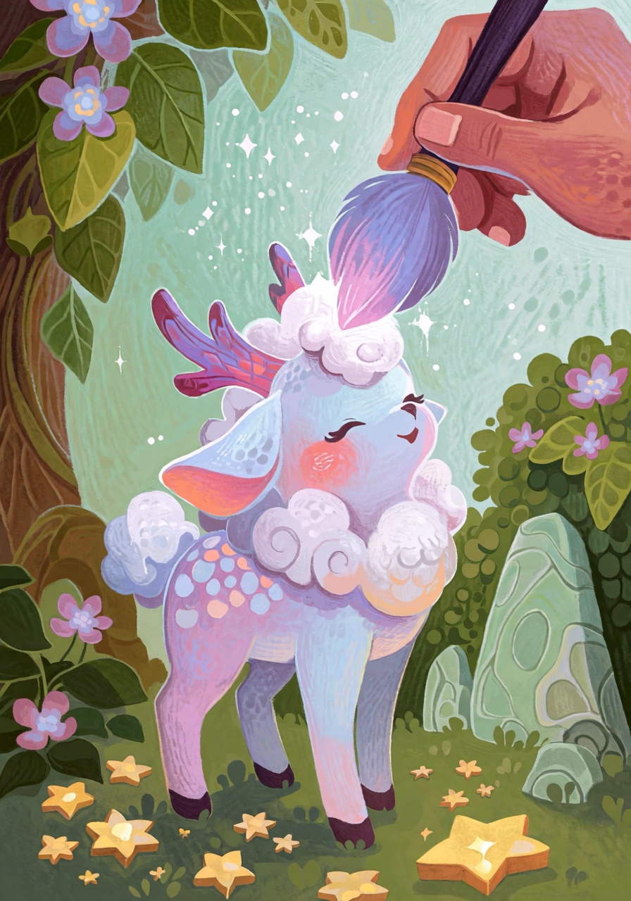 @FrFrst,  digital illustration A tiny deer-like qilin with pastel scales,  cloven hooves and a fluffy cloudlike mane on Te...