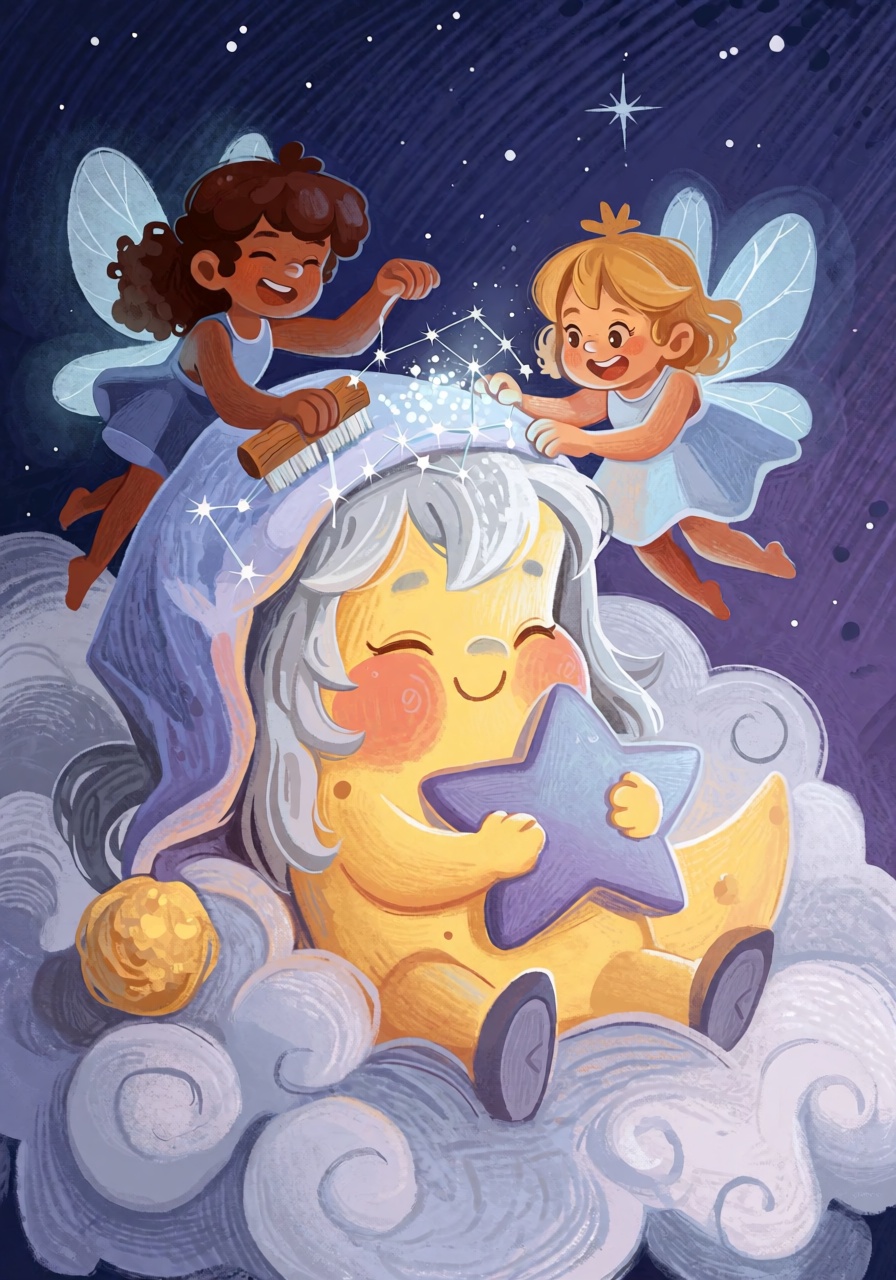 @FrFrst,  digital illustration A tiny crescent-shaped moon creature with chubby cheeks and a sleepy smile sits on a fluffy...