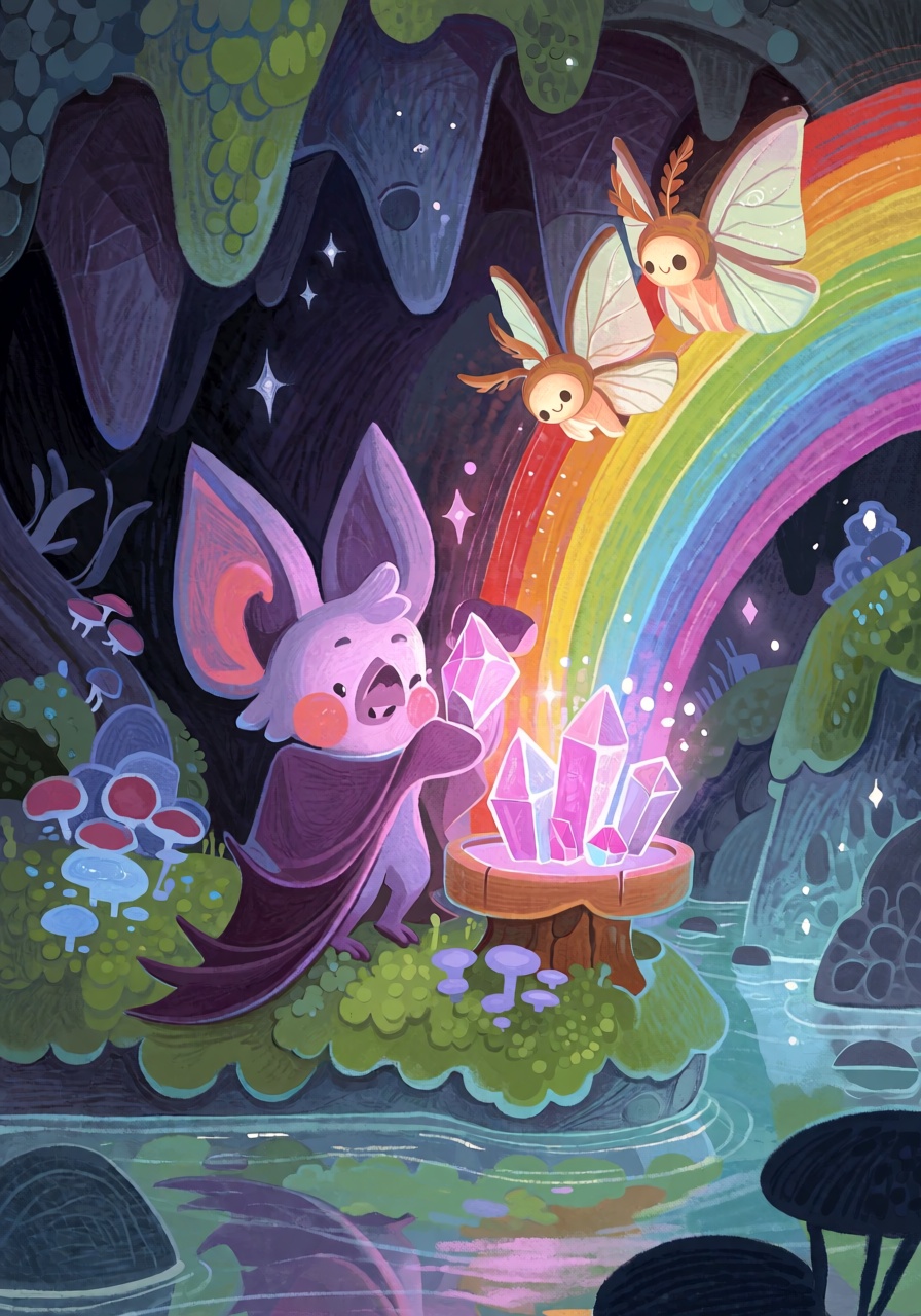 @FrFrst,  digital illustration A tiny lavender cave bat with petal-shaped ears arranging glowing crystals into a miniature...