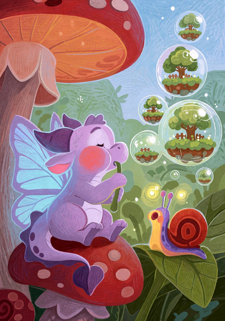 @FrFrst,  digital illustration A tiny lavender dragon with translucent butterfly wings sits among oversized mushrooms,  ca...