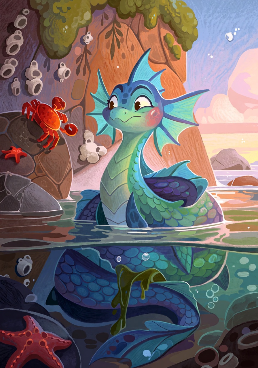 @FrFrst,  digital illustration Framing: waist-up,  low angle from the water surface. Subject: A small sea serpent with iri...
