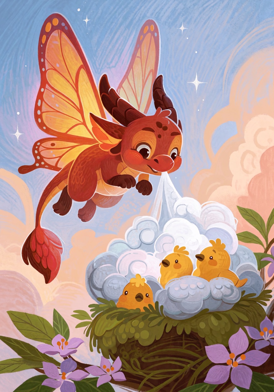 @FrFrst,  digital illustration A miniature fluffy dragon with translucent butterfly wings for ears,  puffing tiny clouds i...