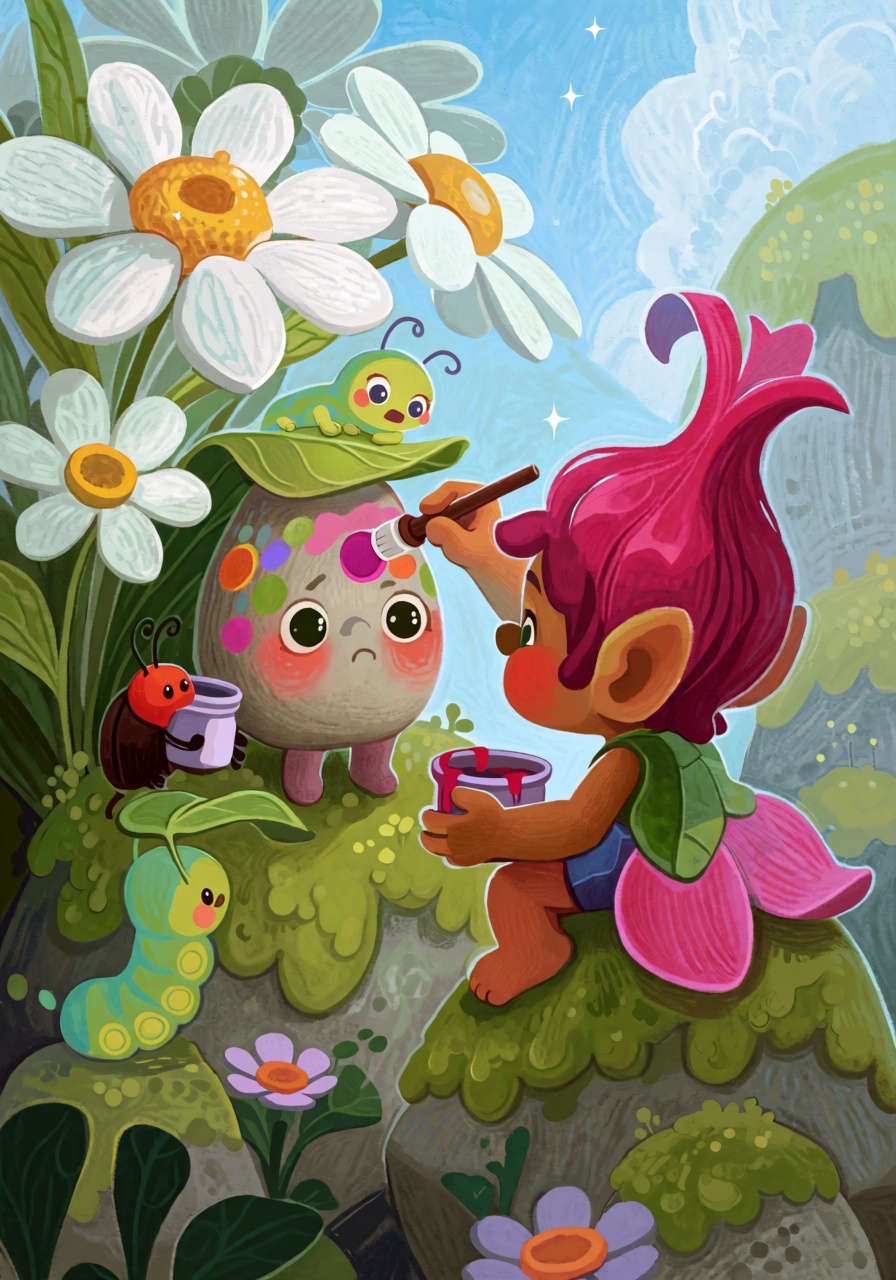 @FrFrst,  digital illustration A tiny fluffy forest troll with flower-petal ears sits on a mossy rock,  painting colorful...