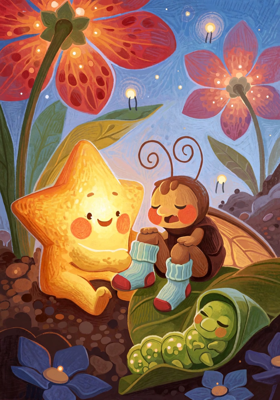 @FrFrst,  digital illustration A tiny golden star creature with soft fur and five rounded points sits in a flower bed,  he...