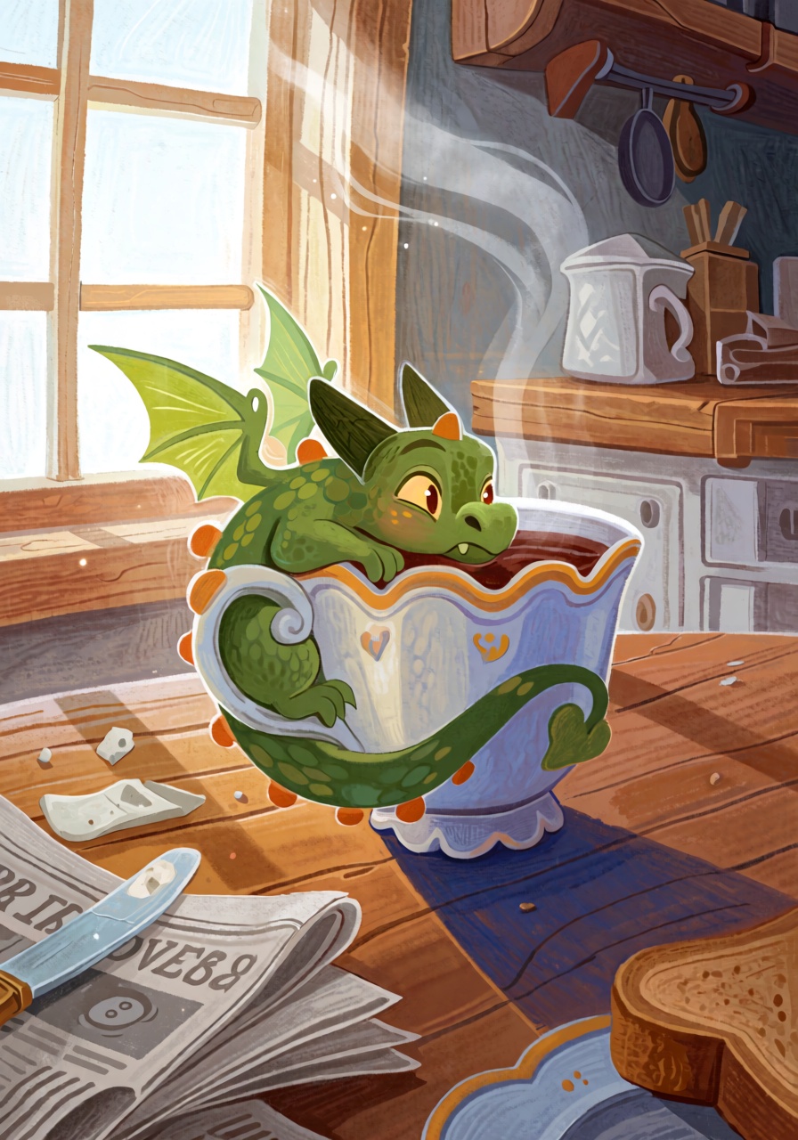 @FrFrst,  digital illustration Framing: close-up,  eye-level with the tabletop. Subject: A palm-sized emerald-green dragon...