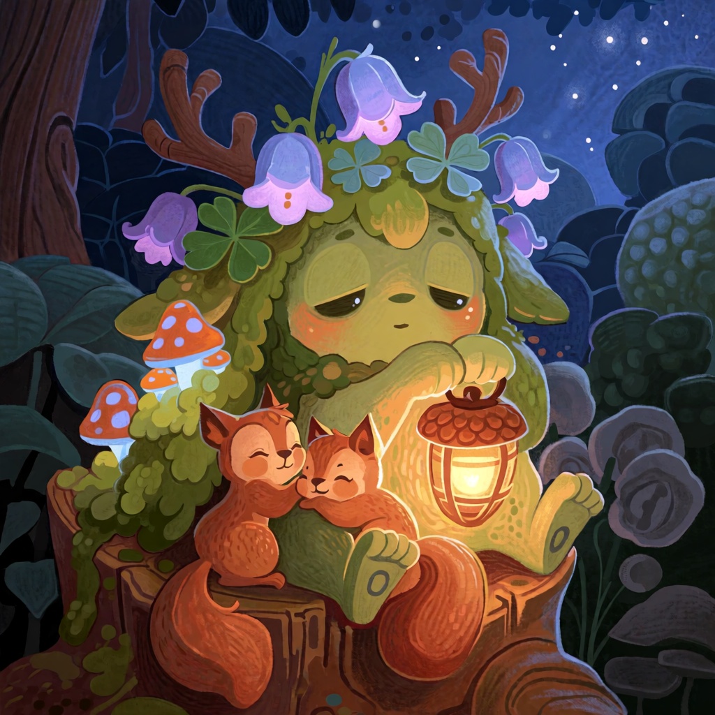 @FrFrst,  digital illustration A tiny round forest spirit with velvety moss for fur,  little twig antlers and enormous sle...
