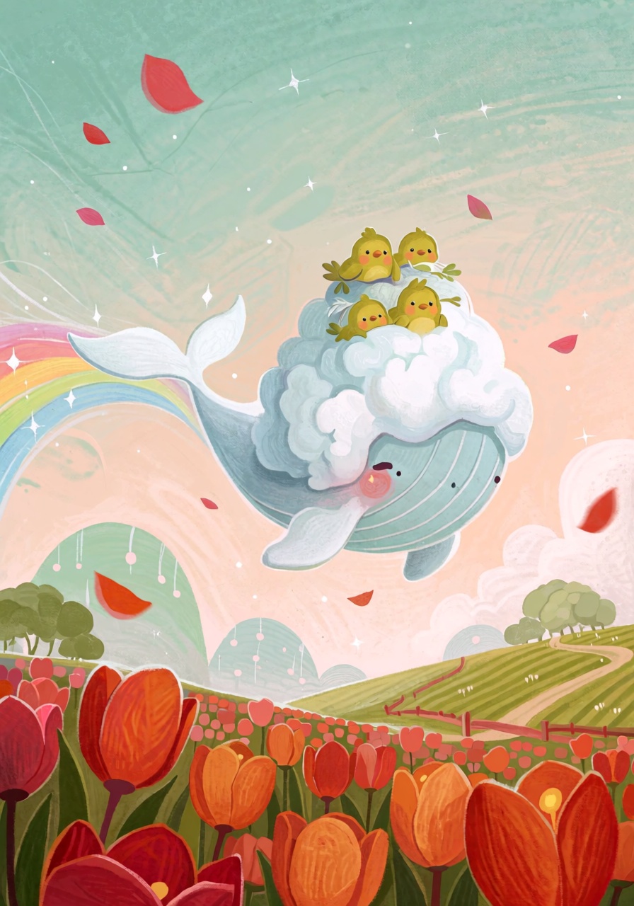 @FrFrst,  digital illustration A tiny floating cloud whale drifting low above a field of tulips,  little birds nesting in...
