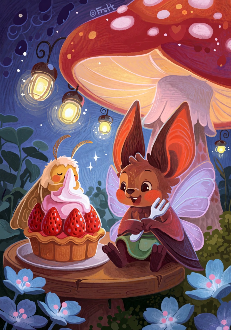 @FrFrst,  digital illustration A tiny fluffy bat fairy with lavender wings and oversized ears sits beneath a glowing mushr...