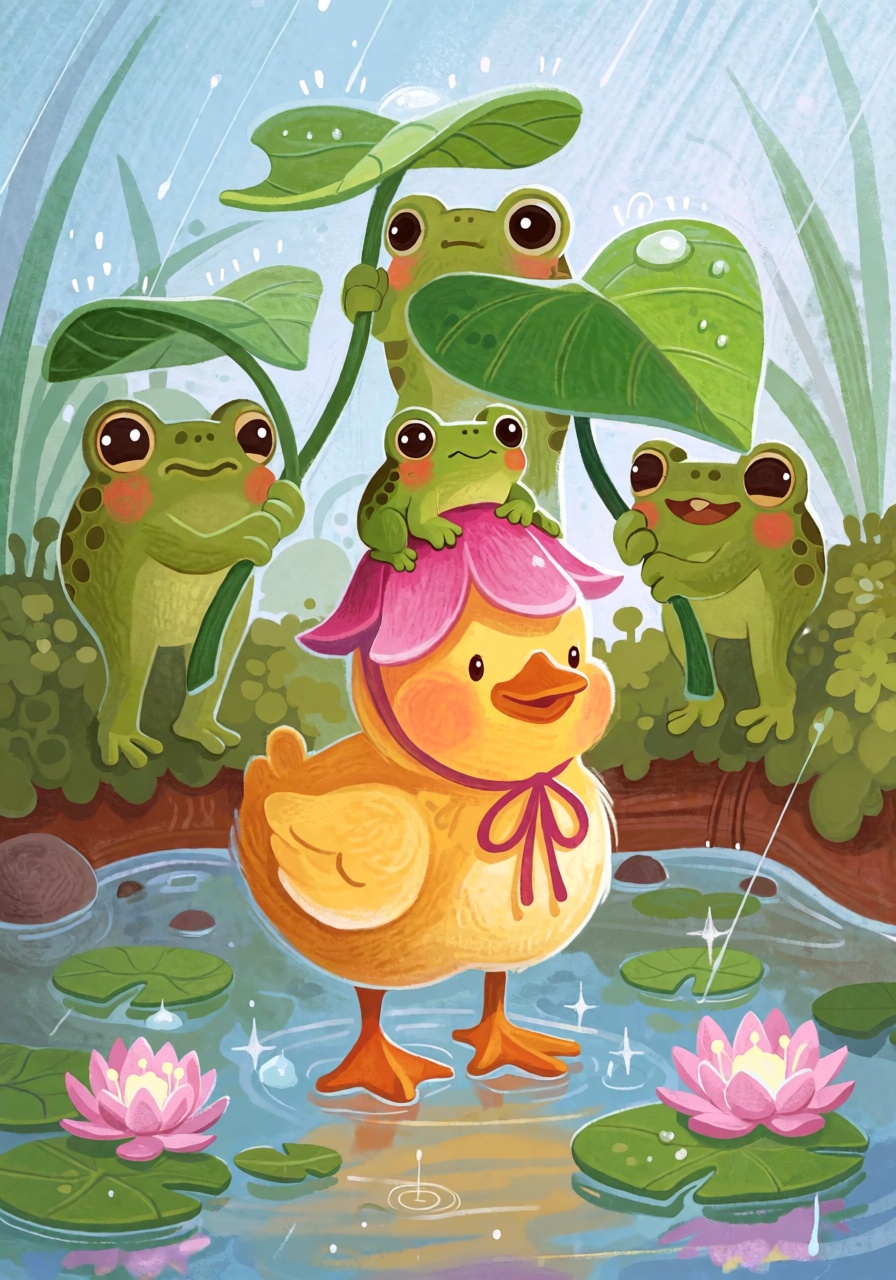 @FrFrst,  digital illustration A fluffy yellow duckling wearing a tiny pink flower hat stands in a puddle during a gentle...