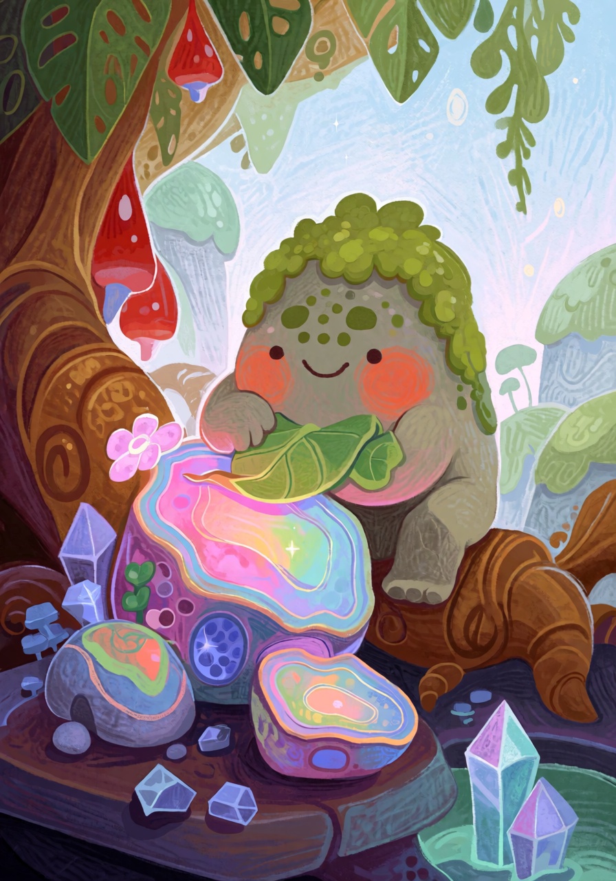 @FrFrst,  digital illustration A round little stone creature with mossy eyebrows and tiny crystal freckles polishing color...