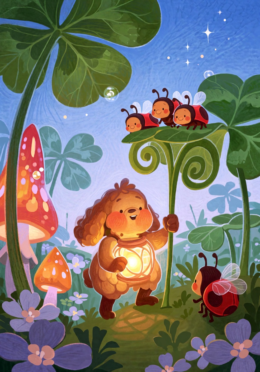 @FrFrst,  digital illustration A tiny fluffy creature with a softly glowing lantern-shaped belly guiding a group of lost b...