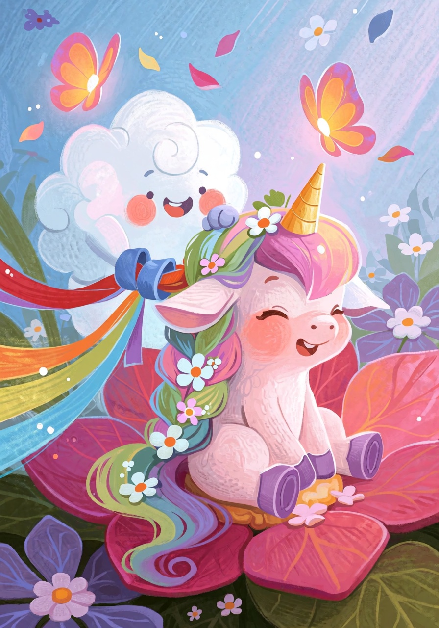 @FrFrst,  digital illustration A tiny fluffy cloud creature with little paws and rosy cheeks gently braids the pastel mane...
