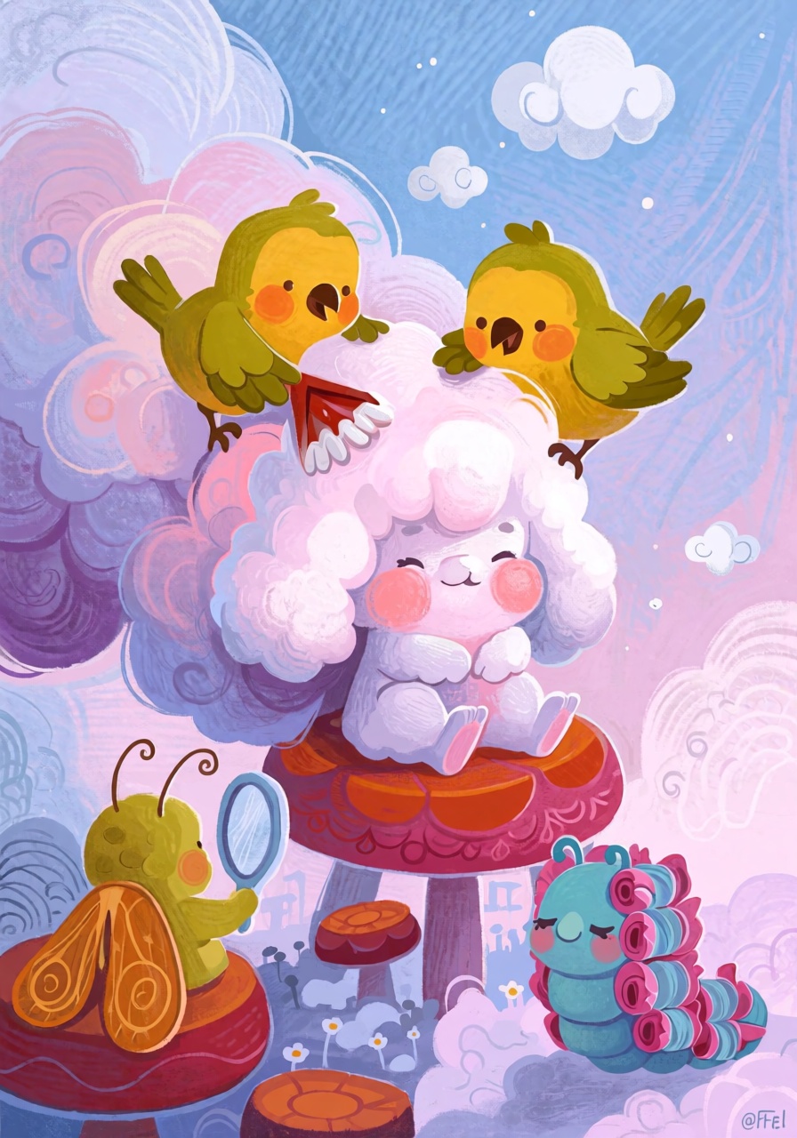 @FrFrst,  digital illustration A tiny fluffy creature made of soft white clouds sits on a mushroom stool while two little...