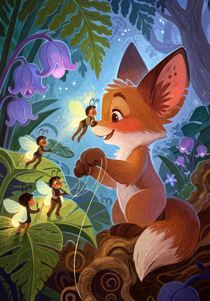 @FrFrst,  digital illustration A fluffy fox cub with oversized ears helping a group of tiny firefly spirits untangle delic...
