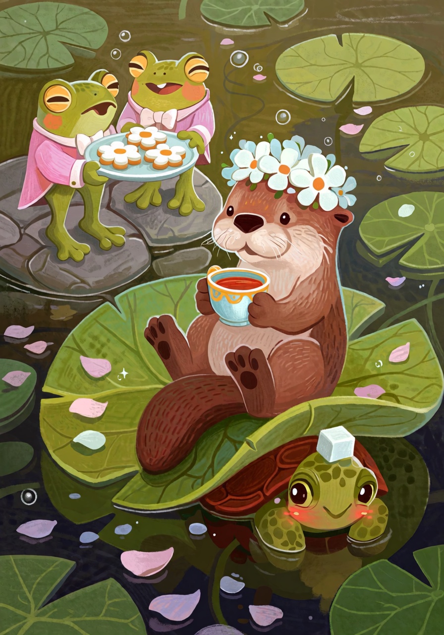 @FrFrst,  digital illustration A baby otter wearing a crown of tiny white flowers sits on an enormous lily pad,  holding a...