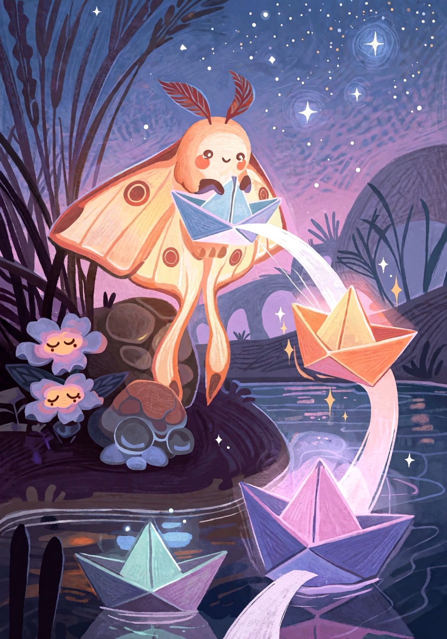 @FrFrst,  digital illustration A tiny fluffy moon moth with crescent-shaped antennae folding ribbons of moonlight into min...