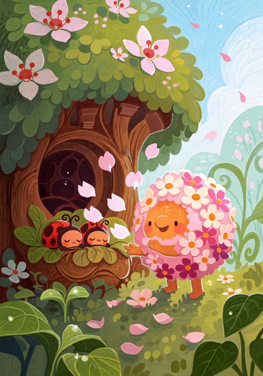 @FrFrst,  digital illustration A round fluffy blossom creature with tiny feet and a head covered in miniature flowers,  ge...
