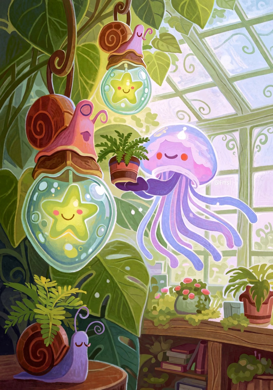 @FrFrst,  digital illustration A tiny floating jellyfish spirit with translucent lilac tentacles helping sleepy snails han...