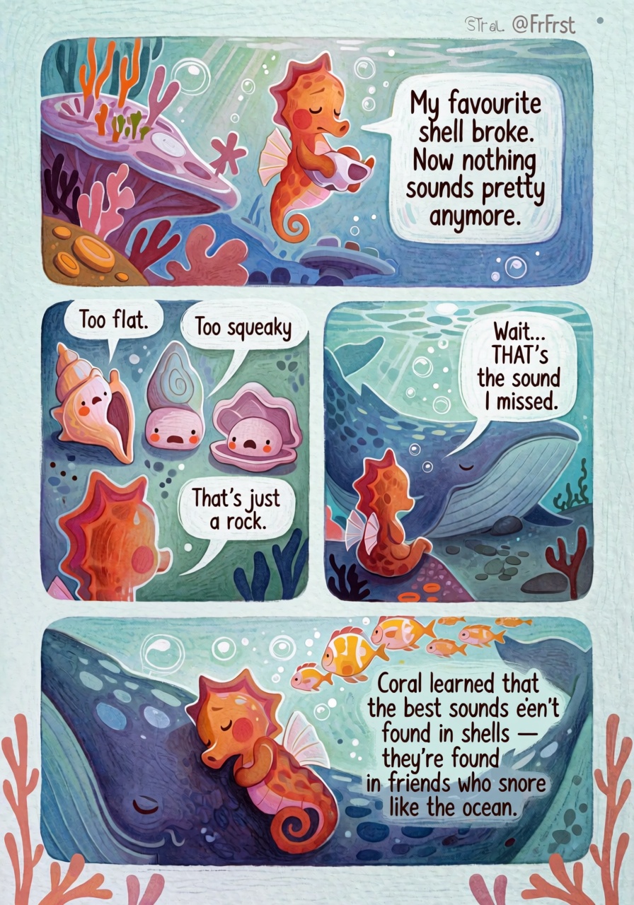 @FrFrst,  digital illustration A children's book comic page layout in watercolor and iridescent ink illustration style,  f...