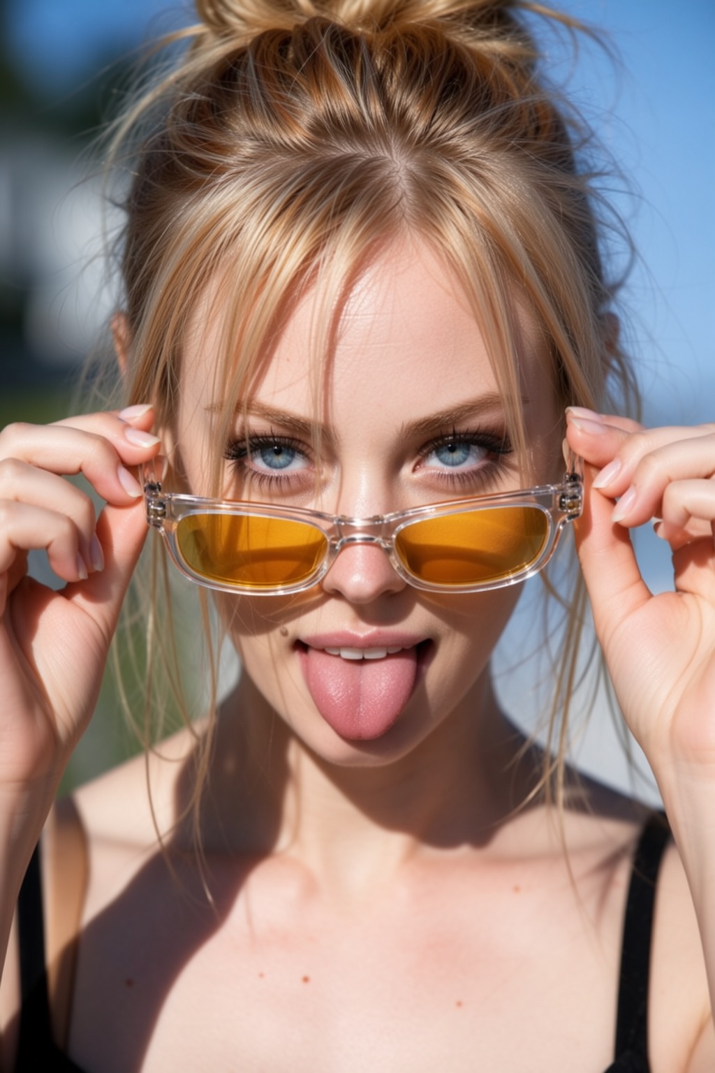 A close-up,  high-angle portrait featuring a blonde woman making a playful expression with her tongue out while holding cl...