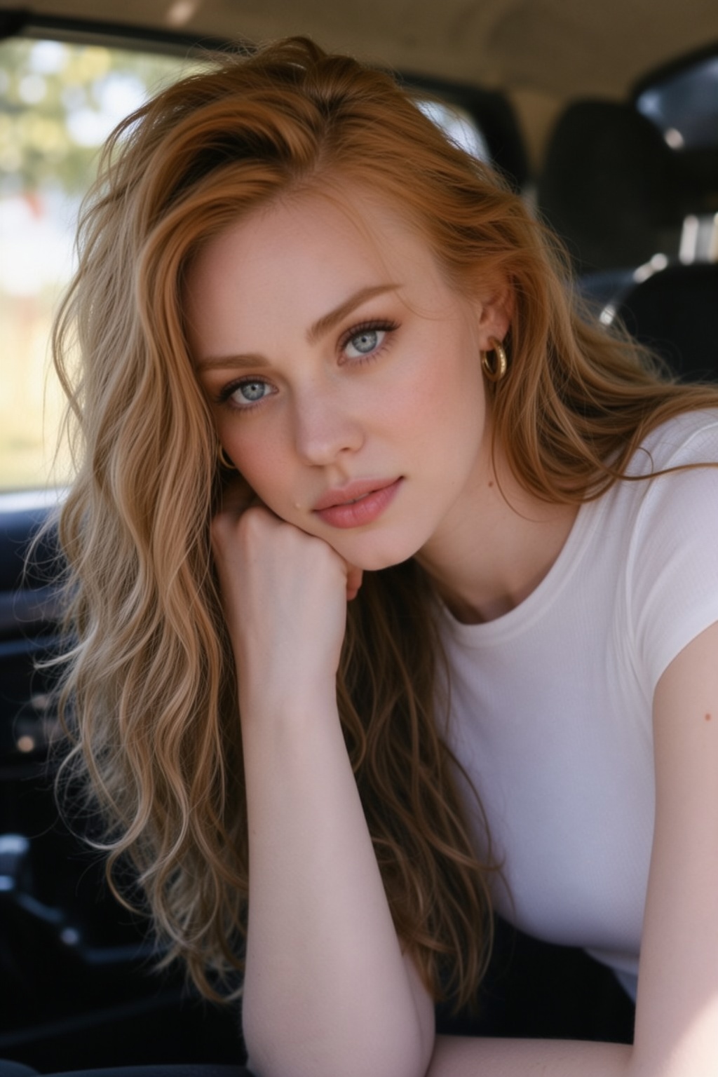 A close-up cinematic portrait shows a young woman with long,  wavy dirty-blonde hair resting inside a vintage car,  leanin...
