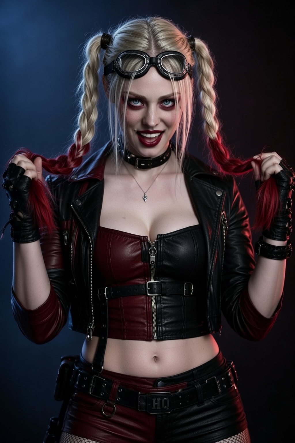 A high-contrast cinematic portrait shows a woman dressed in a Harley Quinn cosplay inspired by The ******* Squad,  featuri...