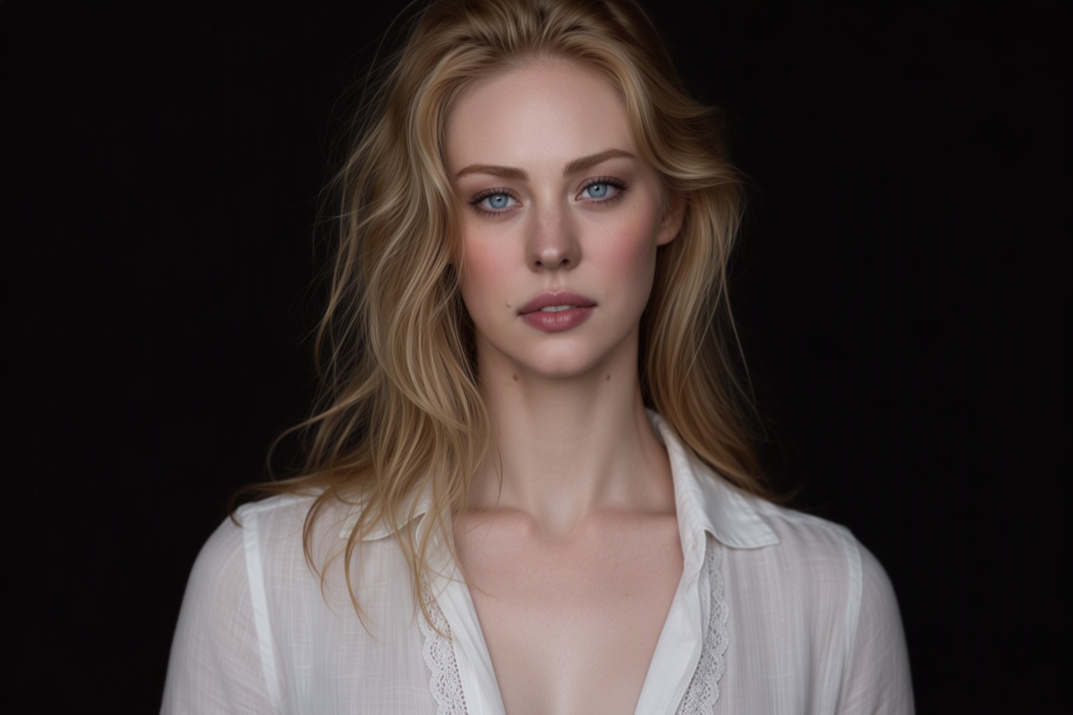 A classic studio portrait framed from the waist up against a deep,  non-reflective black background. Soft,  directional Re...