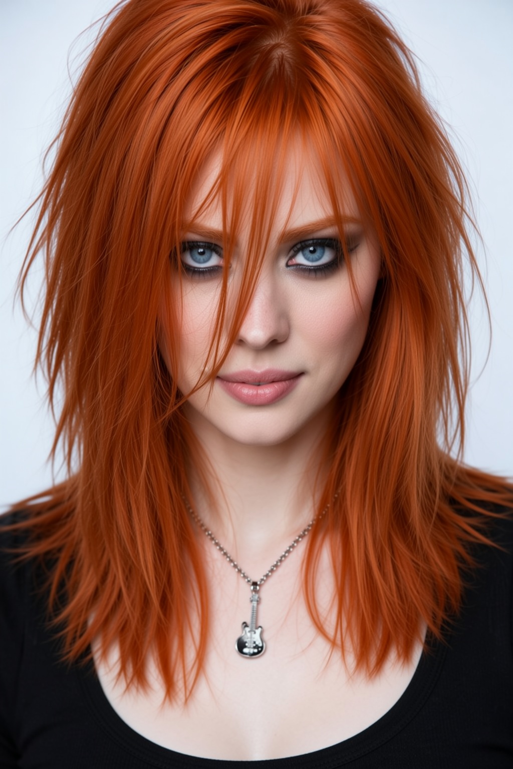 A close-up studio portrait features a woman with vibrant,  layered red hair cut into a shoulder-length shag with long frin...