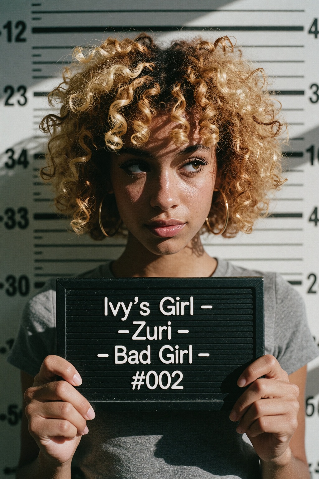 A Frontal police booking photo of ZuriID a young woman,  holding a booking placard reading "Ivy's Girl - Zuri - Bad Girl -...
