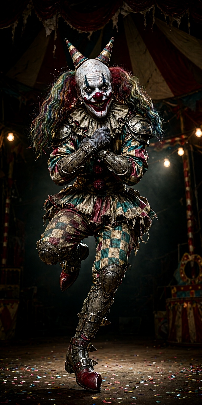 A hyper-realistic cinematic horror photograph,  full-body composition of a mischievous evil clown frozen mid-leap,  torso...