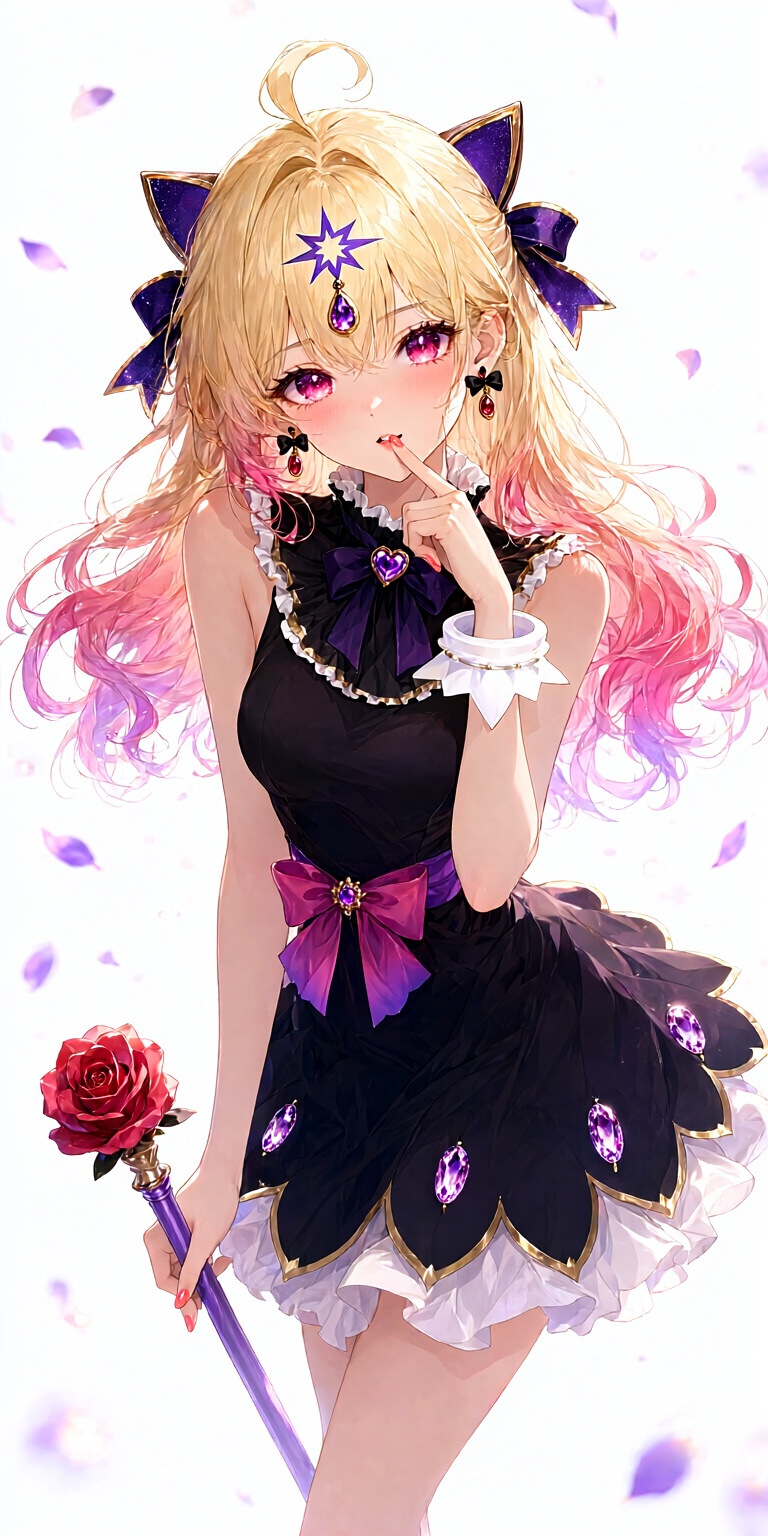 A luminous anime-style portrait of a delicate young woman with cascading blonde hair that melts into soft rose-pink at the...