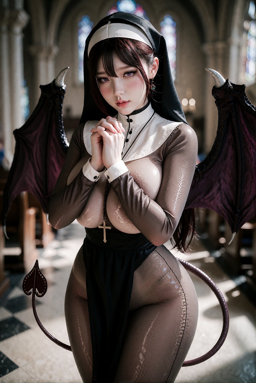 8K UHD striking portrait photograph of a sensual nun with purple pink eyes and juicy red lips,  wearing a sheer full-lengt...