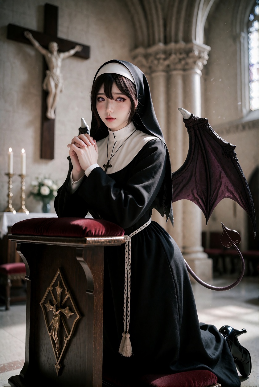 8K UHD striking portrait photograph of a unfaithful nun with purple pink eyes and juicy red lips,  wearing a full-length n...