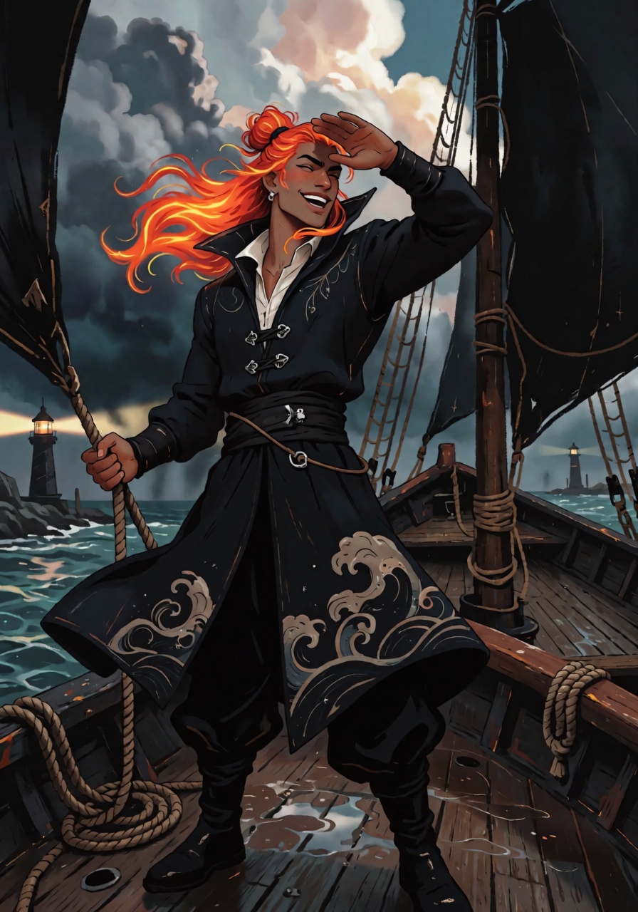 DstJsmnj,  Digital illustration A man with warm bronze skin and long,  fiery orange hair tied into a high knot on Tensor.Art