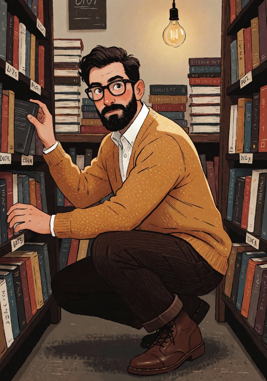 DstJsmnj,  Digital illustration A man with thick-rimmed glasses and a neatly trimmed dark beard crouches between tall shel...