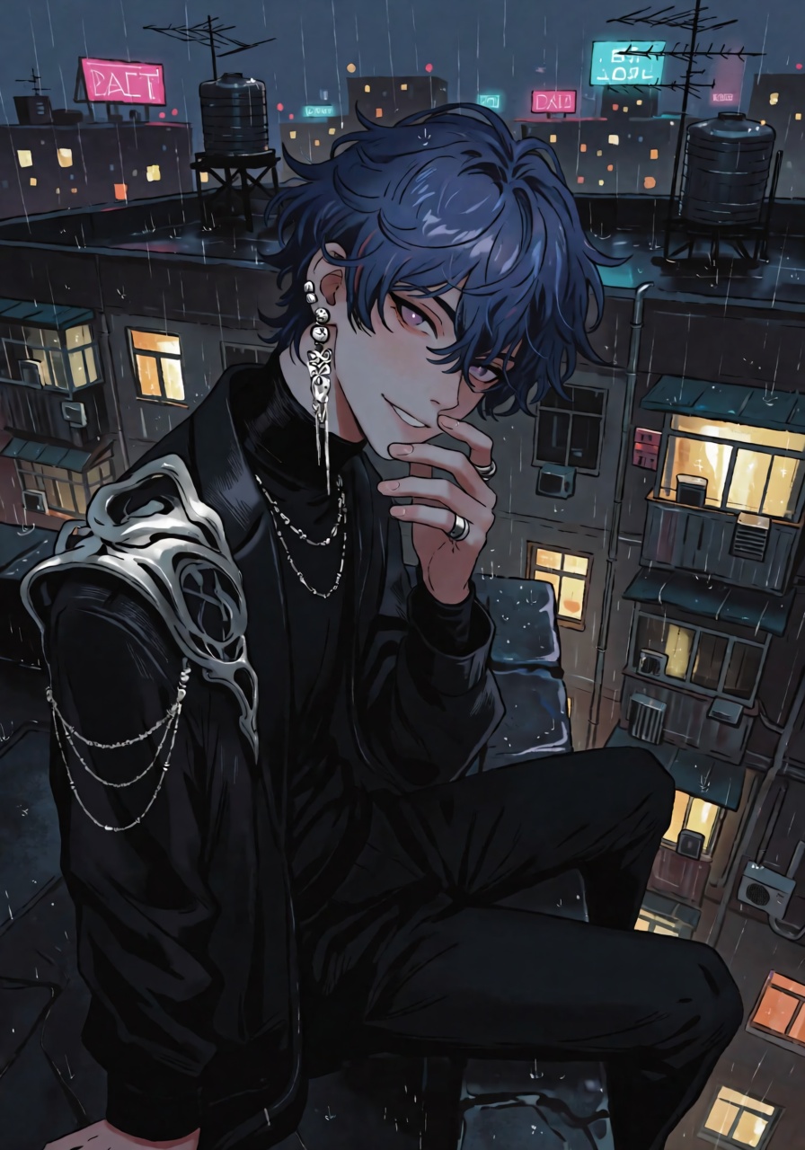 DstJsmnj,  Digital illustration A young man with tousled midnight-blue hair and long ornamental earrings sits on the edge...