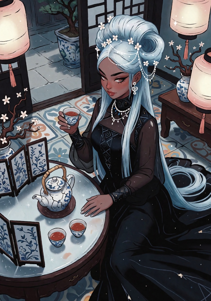 DstJsmnj,  Digital illustration A woman with cool dark-brown skin and long,  icy-blue hair arranged into elaborate loops o...